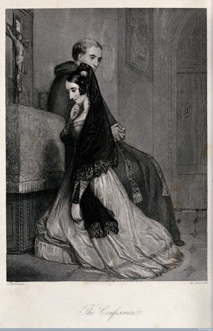 A woman confessing to a priest. Engraving by H. Austen after J. Herbert. Wellcome Library, London 